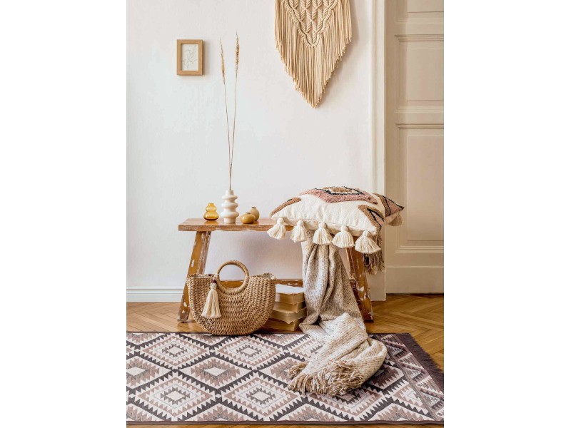 Dywan Kilim Soft aztecki beżowo brązowy z frędzlami