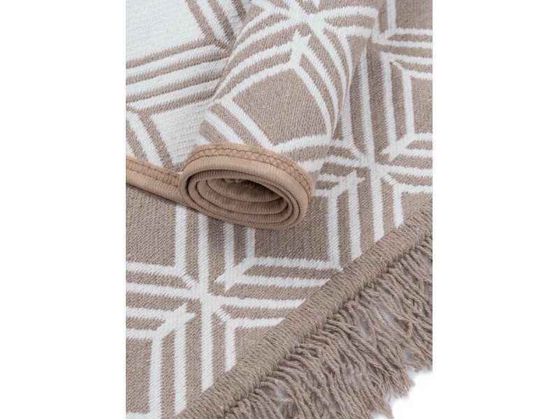 Dywan Kilim Soft geometria beżowo ivory z frędzlami do kuchni