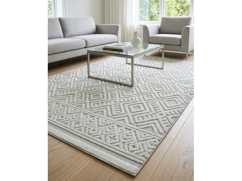 Dywan boho Dy/Didar7 srebrny geometryczny designerski do salonu